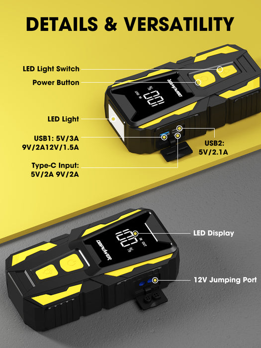 DBPOWER 5000A Jump Starter, 74Wh Car Battery Jump Starter for Up to 10.0L Gas and 8.0L Diesel Engine, 12V Portable Jump Box Battery Pack with Display, LED Light, Jumper Cables, and Storage Case