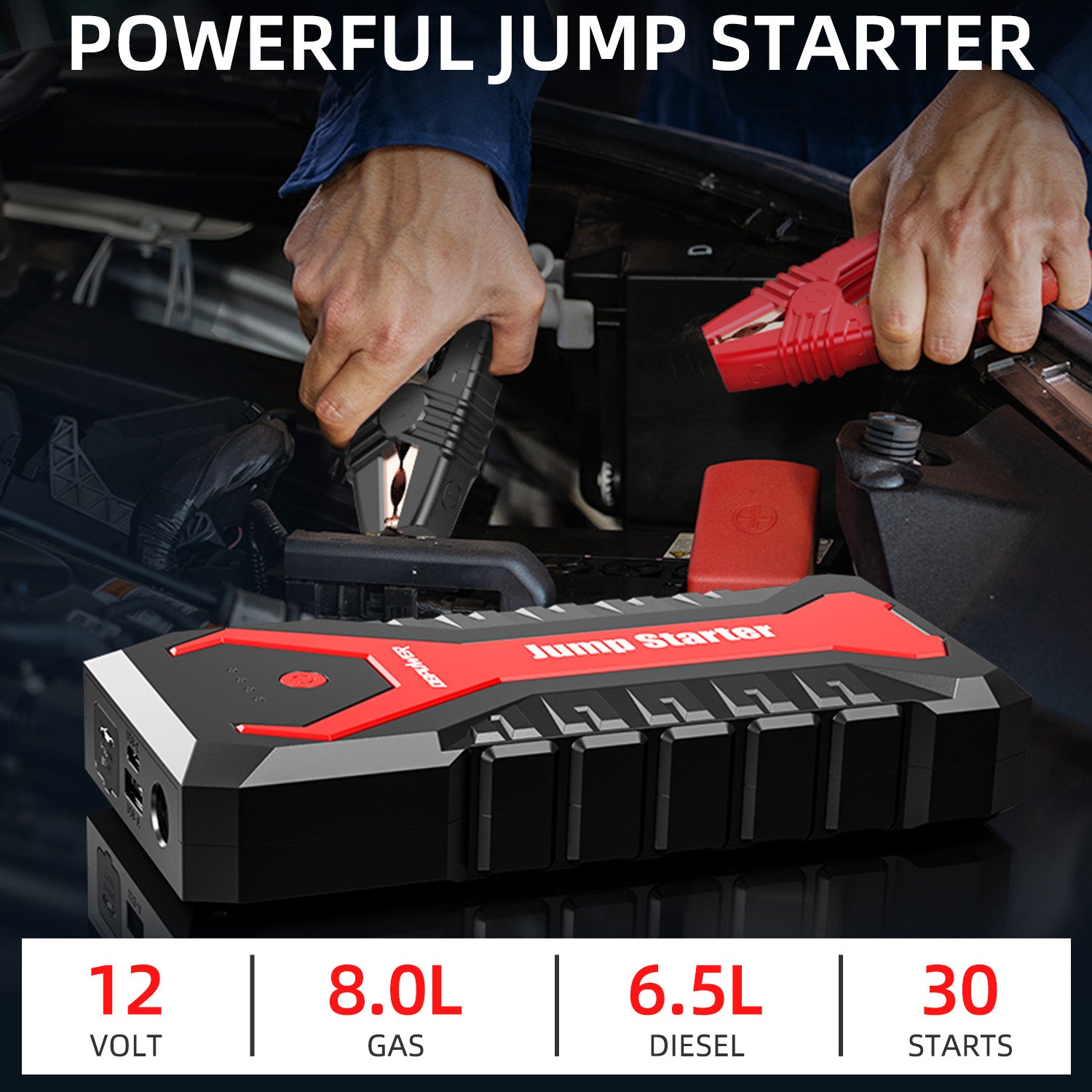 DBPOWER 3000A/80.66Wh Portable Car Jump Starter (UP to 10.0L Gas/8.0L Diesel Engines) 12V Auto Lithium-Ion Battery Booster with Smart Clamp Cables, Quick Charge, and LED, Storage Bag