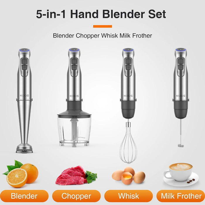 1100W 5-in-1 Immersion Blender Handheld, 12 Speed with Turbo Boost, Heaviest Duty Copper Motor, 304 Stainless Steel Blades Hand Stick Blender, Ergonomic Grip, Whisk, Beaker, Chopper, Milk Frother