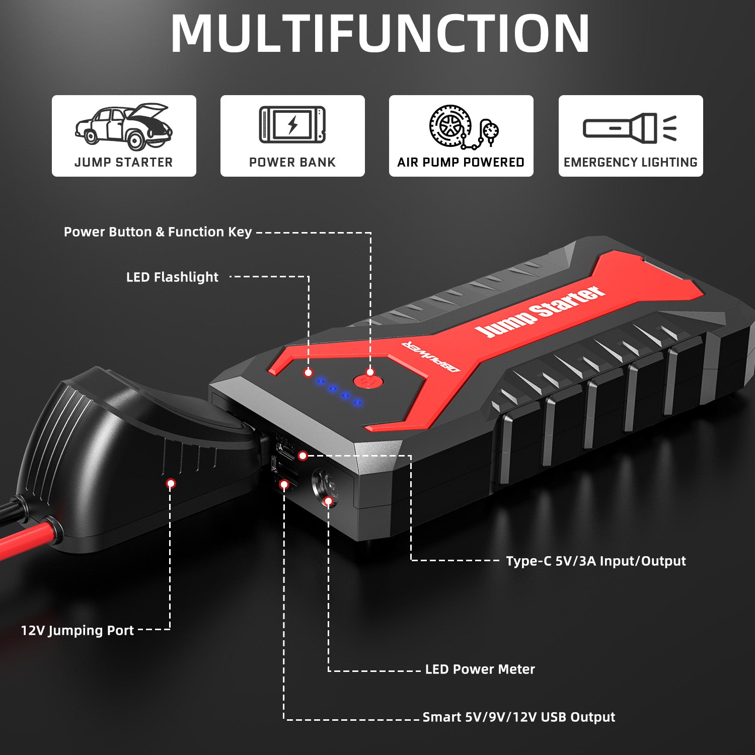 DBPOWER 3000A/80.66Wh Portable Car Jump Starter (UP to 10.0L Gas/8.0L Diesel Engines) 12V Auto Lithium-Ion Battery Booster with Smart Clamp Cables, Quick Charge, and LED, Storage Bag