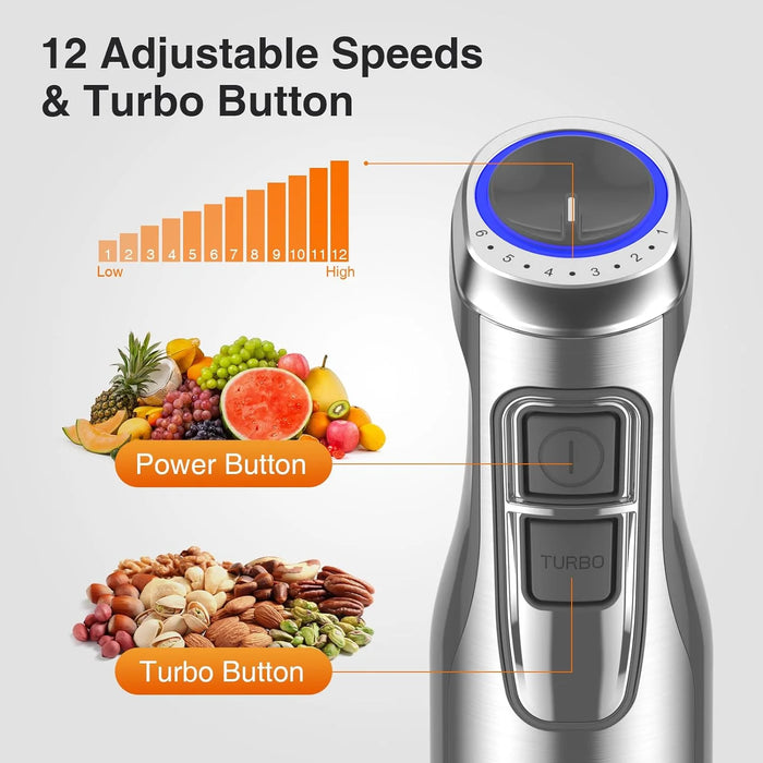 1100W 5-in-1 Immersion Blender Handheld, 12 Speed with Turbo Boost, Heaviest Duty Copper Motor, 304 Stainless Steel Blades Hand Stick Blender, Ergonomic Grip, Whisk, Beaker, Chopper, Milk Frother