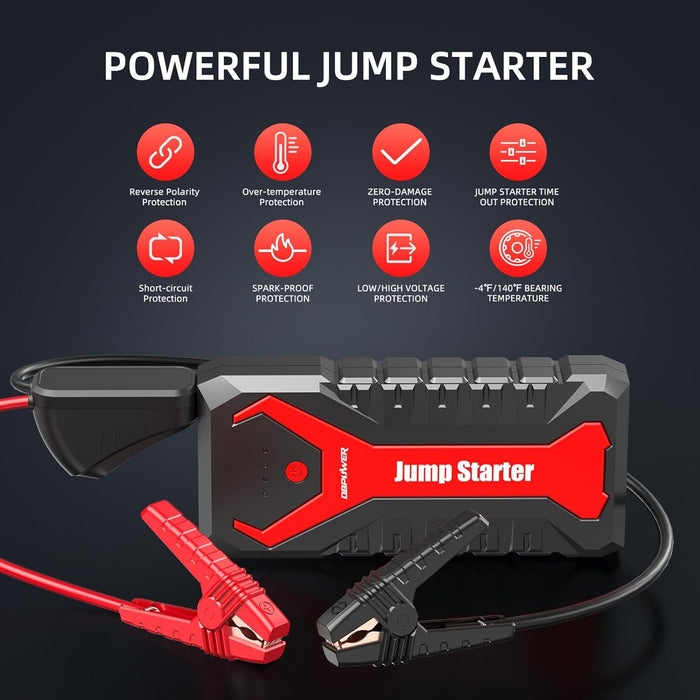 DBPOWER 3000A/80.66Wh Portable Car Jump Starter (UP to 10.0L Gas/8.0L Diesel Engines) 12V Auto Lithium-Ion Battery Booster with Smart Clamp Cables, Quick Charge, and LED