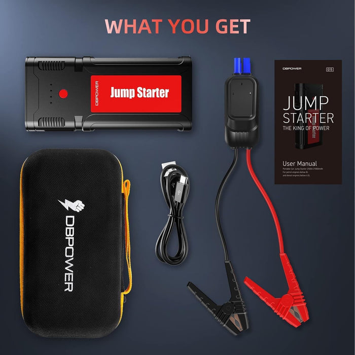 DBPOWER Jump Starter 2750A Peak 76.96Wh Portable Car Jump Starter (Up to 10L Gas/8L Diesel Engine) 12V Auto Battery Booster Pack with Smart Clamp Cables, Quick Charger, LED Light Jump Box