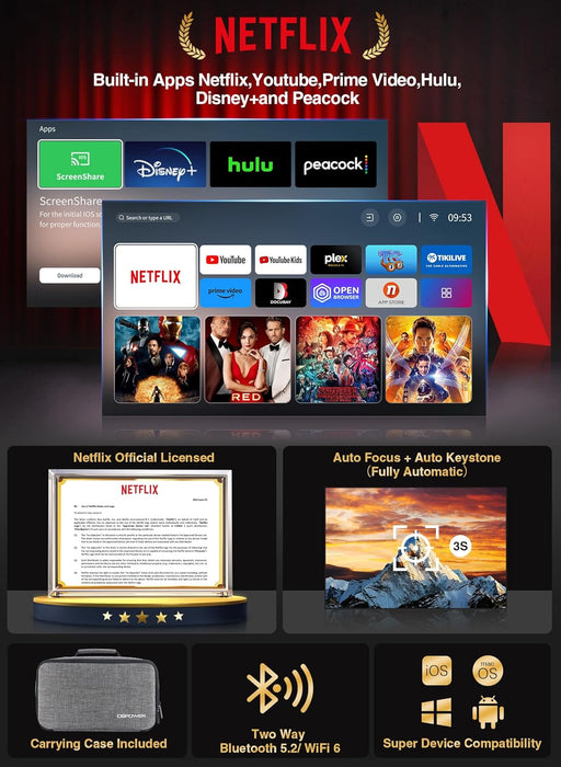 [Netflix Officially/AI Auto Focus] Smart Projector with WiFi and Bluetooth,Dolby Audio,DBPOWER Native 1080p Projector with Apps Built-in Netflix/Hulu/Disney+/Peacock, 600ANSI Movie Projector