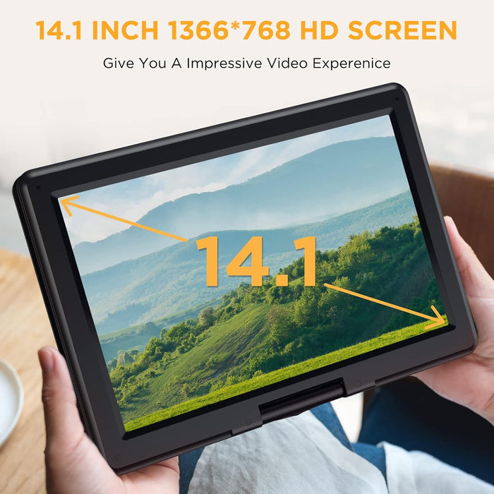 16.9" Portable DVD Player with 14.1" Swivel HD Screen,with Control Remote, 5-Hour Built-in Rechargeable Battery,Car Charger & AC Adapter, Supports CD/DVD/SD Card/USB/Sync TV, Regions Free