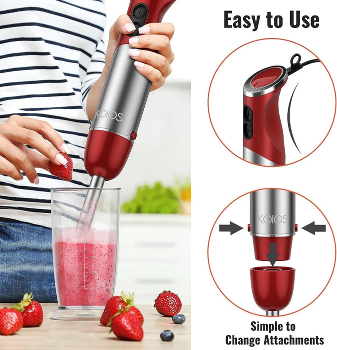 Immersion Blender, 1000 Watt Immersion Hand Blender, 12-Speed 5-in-1 Multi-Function Handheld Stick Blender with Stainless Steel Blades, Chopper, Beaker, 600ml, Whisk and Milk Frother for Baby Fo(Red)