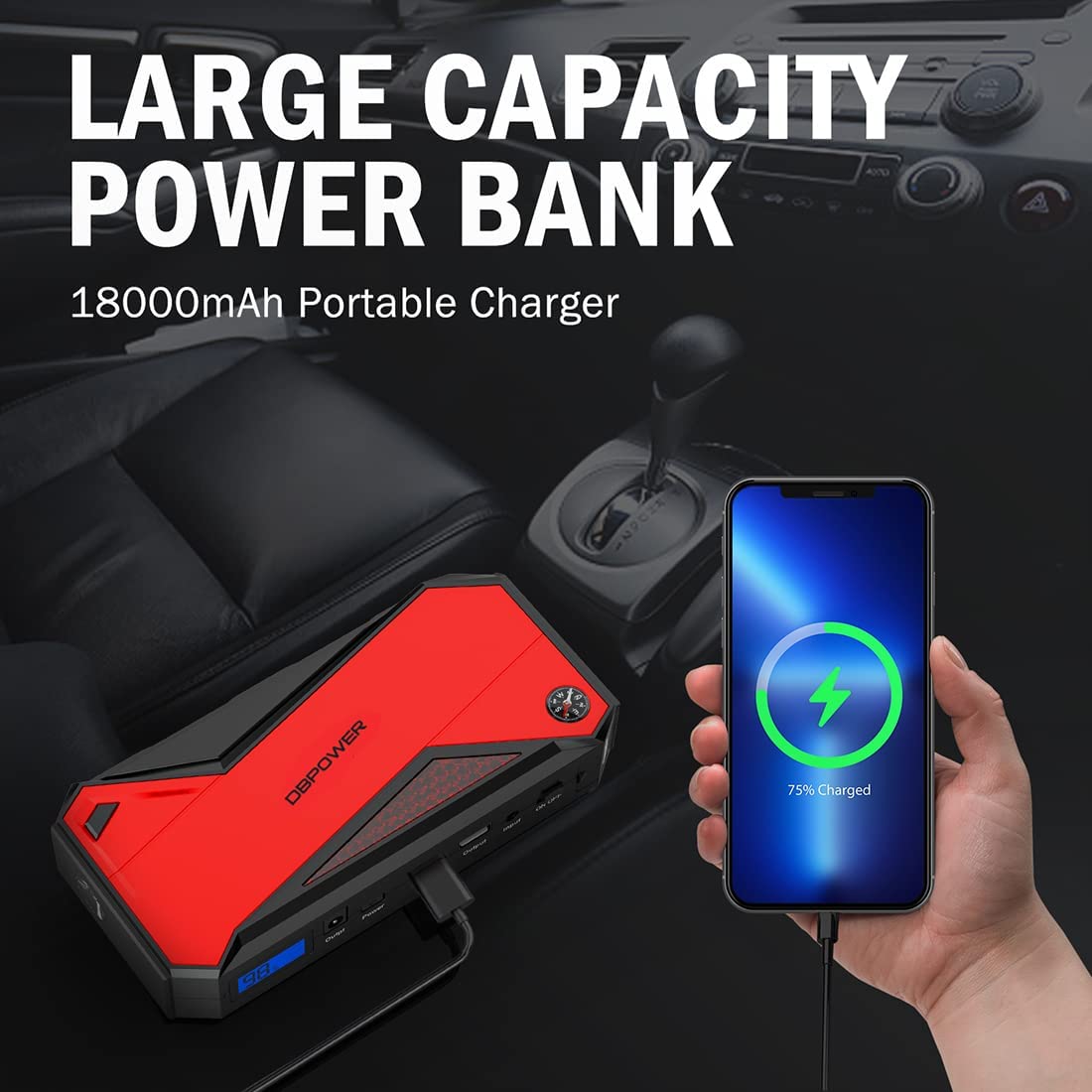 DBPOWER 800A Peak 18000mAh Portable Car Jump Starter (up to 7.2L Gas/5.5L Diesel Engine) Portable Battery Booster with LCD Screen